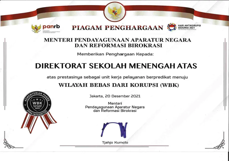 Piagam Penghargaan ZI-WBK Direktorat SMA Kemendikdasmen